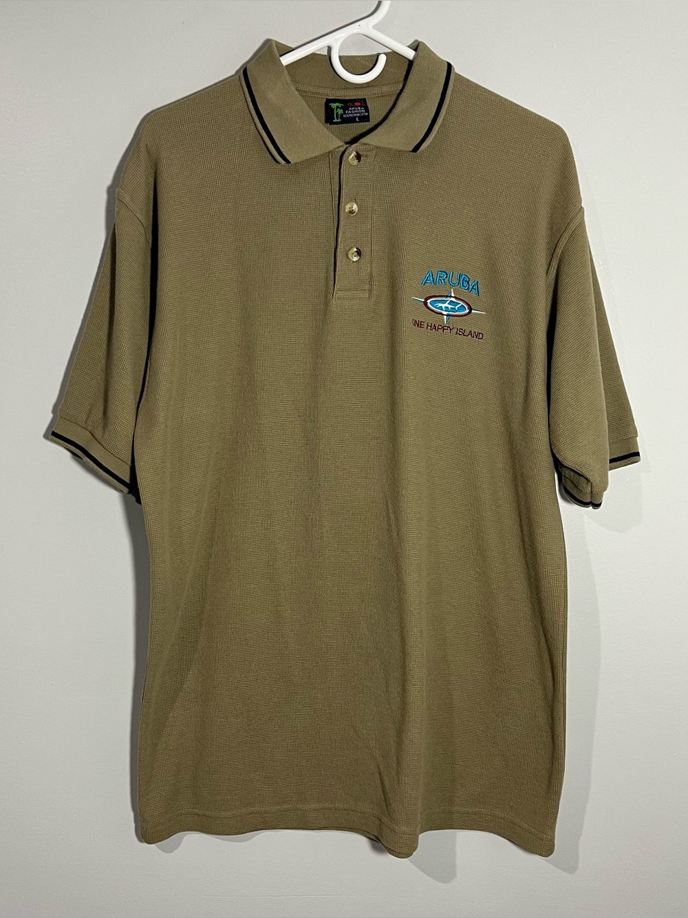 Vintage Aruba One Happy Island Olive Green Short Sleeve Polo Shirt Mens Large - Picture 1 of 6